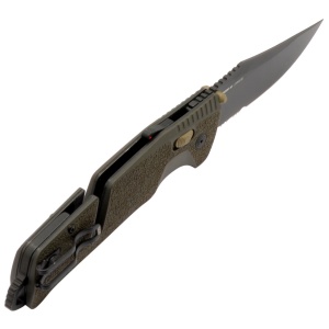 Cutit pliabil SOG Trident AT OD Green Serrated 11-12-11-41, lama Clip Point CRYO D2 partial zimtata, deschidere asistata, AT-XR Lock, taietor de centura, spargator geam, maner GRN OD Green