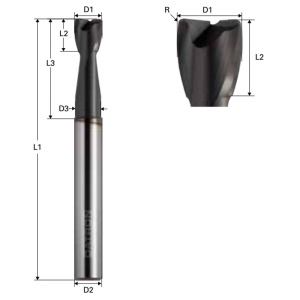 Freza de adancime cu raza, Triple Cut, 2 caneluri, Datron 00781044, R 0.4, 4.0x5.0x4.0mm - Img 2