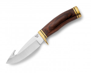 Cutit de vanatoare Buck 0191BRG-B Zipper, lama 10.5 cm cu guthook, maner lemn nuc si alama, teaca din piele