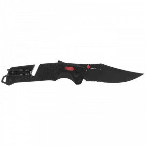 Cutit pliabil SOG Trident AT Black Serrated 11-12-02-41, lama Drop Point partial zimtata CRYO D2 Black TiNi, deschidere asistata S.A.T., AT-XR Lock, taietor de centura, spargator de geam, maner GRN Black