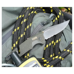 Cutit pliabil SOG Trident AT OD Green Serrated 11-12-11-41, lama Clip Point CRYO D2 partial zimtata, deschidere asistata, AT-XR Lock, taietor de centura, spargator geam, maner GRN OD Green - Img 11