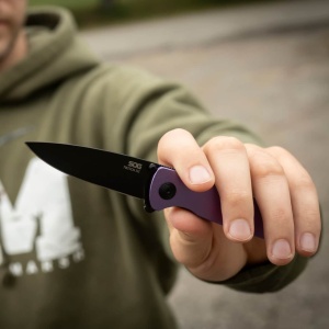 Cutit pliabil SOG Twitch III Purple 11-15-06-43, lama Drop Point D2, deschidere asistata S.A.T., maner aluminiu mov, EDC Premium - Img 9