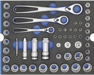 Set chei tubulare si chei inelare cu clichet, 51 piese, insertie pentru sertar