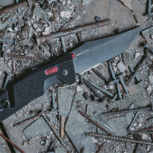 Cutit pliabil SOG Trident AT Black Serrated 11-12-02-41, lama Drop Point partial zimtata CRYO D2 Black TiNi, deschidere asistata S.A.T., AT-XR Lock, taietor de centura, spargator de geam, maner GRN Black - Img 9