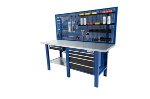 Banc de lucru metalic Werkmeister 2000-34, 2000 mm, 4 sertare, sertar cu cheie si panou perforat