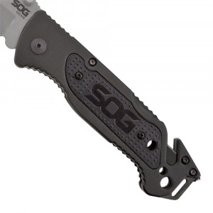 Cutit de salvare SOG Escape Bead Blasted FF24-CP, lama 9Cr18MoV, Lockback, cutter centura, spargator geam, Rescue Knife - Img 4