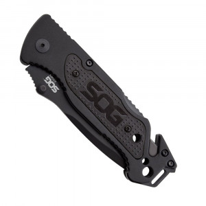 Cutit de salvare SOG Escape Black FF25-CP, lama 9Cr18MoV Black TiNi, Lockback, cutter centura, spargator geam, Rescue Knife - Img 5