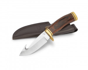 Cutit de vanatoare Buck 0191BRG-B Zipper, lama 10.5 cm cu guthook, maner lemn nuc si alama, teaca din piele - Img 3