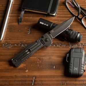 Cutit pliabil SOG SlimJim 2.0 Black SJ42-CP, lama Clip Point AUS-8, deschidere asistata S.A.T., Lockback, maner din otel inoxidabil, EDC Ultra Slim - Img 4
