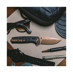 Cutit pliabil SOG Terminus XR LTE Carbon Rose Gold TM1043-BX, lama Drop Point CPM S35VN TiNi Rose Gold, XR Lock, Flipper, maner Carbon Fiber, EDC Premium - Img 11