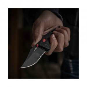 Cutit pliabil SOG Trident AT Black Serrated 11-12-02-41, lama Drop Point partial zimtata CRYO D2 Black TiNi, deschidere asistata S.A.T., AT-XR Lock, taietor de centura, spargator de geam, maner GRN Black - Img 6