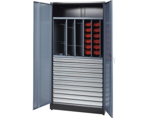 Dulap metalic 2 uși 910x450x1800 mm, cu 1 poliță, 10 sertare, 18 casete și 5 panouri glisante