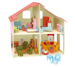 Set de constructie din lemn pentru casa de papusi cu mobilier, debitat cu laser Pebaro - Img 3
