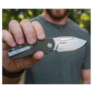 Cutit pliabil SOG Stout SJ OD G10 Stonewash 16-03-01-57, lama Sheepsfoot D2 Stonewashed, Slip Joint, Nail Nick, maner G10 Olive Drab, EDC - Img 11