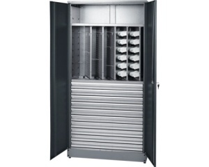 Dulap metalic 2 usi 910x450x1800 mm, cu 1 polita, 10 sertare, 18 casete si 5 panouri glisante