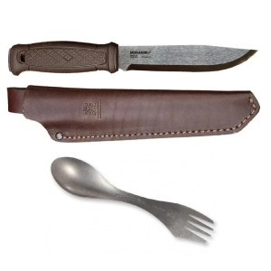 Pachet promotional Cutit Full-Tang Morakniv Garberg GRAND Inox cu teaca de piele si Spork Titanium, Light My Fire pentru Bushcraft si Outdoor