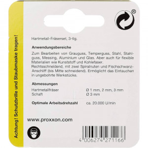 Set 3 freze din carbura de tungsten Proxxon 27116, 2 caneluri, 1,0 - 2,0 - 3,0 mm, ax 3 mm - Img 2