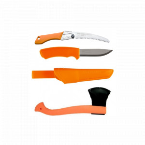 Set Cutit Bushcraft Orange, Fierastrau Silky Gomboy curbat 210mm cu 8dinti, 30mm si Topor portocaliu