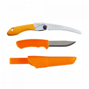 Set Cutit Bushcraft Orange Si Fierastrau pliabil bushcraft, camping Silky Pocketboy curbat 170mm cu 8dinti, 30mm