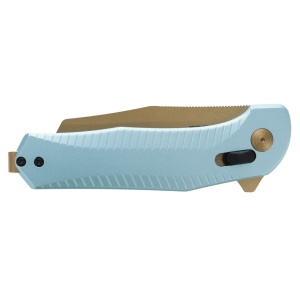 Cutit pliabil SOG Diverge XR Sheepsfoot Light Blue Gold 12-02-02-43, lama Sheepsfoot D2 Stonewashed Gold, XR Lock, deschidere Flipper, maner GRN Light Blue & Gold, EDC Outdoor - Img 7
