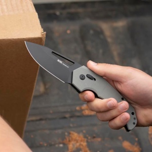 Cutit pliabil SOG Prohen XR Gray Black 12-25-03-57, lama Drop Point CRYO D2 Stonewashed, XR Lock, deschidere Flipper, maner G10 Gray & Black, EDC Tactical - Img 10