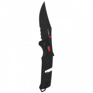 Cutit pliabil SOG Trident AT Black Serrated 11-12-02-41, lama Drop Point partial zimtata CRYO D2 Black TiNi, deschidere asistata S.A.T., AT-XR Lock, taietor de centura, spargator de geam, maner GRN Black - Img 7