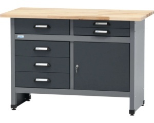 Banc de lucru 120 x 84 x 60 cm, 1 usa si 4 sertare, blat din lemn 3 cm, negru/gri antracit