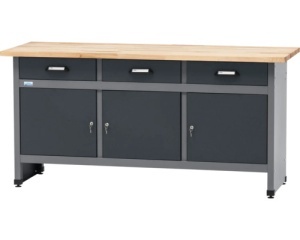 Banc de lucru 170 x 84 x 60 cm, 3 usi si 3 sertare, blat din lemn de fag 3 cm, negru/gri antracit