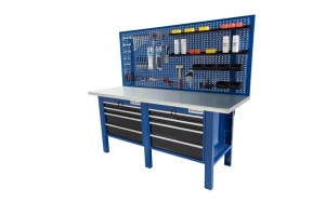 Banc de lucru metalic Werkmeister 2000-32, 2000 mm, 8 sertare in 2 casetiere si panou perforat