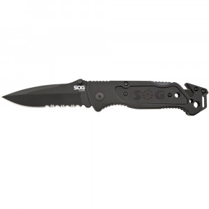 Cutit de salvare SOG Escape Black FF25-CP, lama 9Cr18MoV Black TiNi, Lockback, cutter centura, spargator geam, Rescue Knife