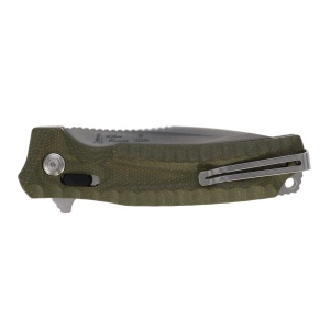 Cutit pliabil SOG Hidaka XR 3V Satin 12-27-09-57, lama Modified Tanto CPM 3V Satin, XR Lock, deschidere Flipper, maner Micarta Verde, EDC Outdoor - Img 6