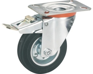 Roata pivotanta metalica si cauciuc plin Ø125 mm, cu frana, placa 105 x 80 mm