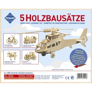 Set 5 constructii din lemn, bicicleta, locomotiva, avion, masina de epoca si elicopter, Pebaro
