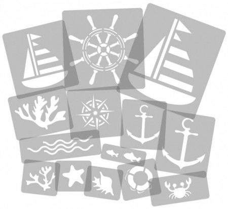 Set of 14 Sea Stencils Ships Anchors Rudders Fishes Waves - Img 3