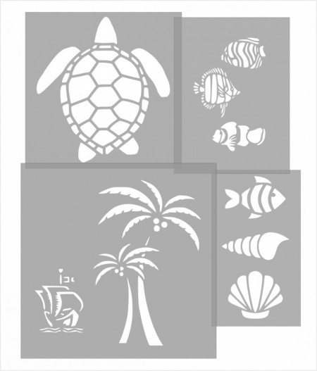 Set of 4 Turtle Fish Shell Palm Trees Steamboat Stencils, different sizes - Img 2
