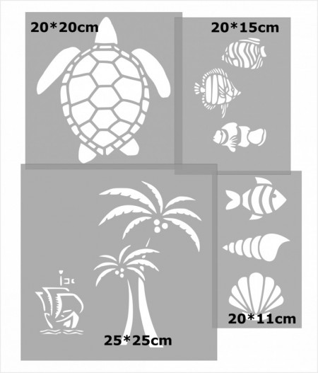 Set of 4 Turtle Fish Shell Palm Trees Steamboat Stencils, different sizes - Img 3