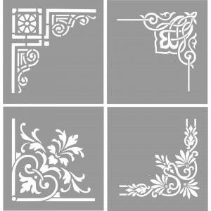 Set of 4 Stencils 29x29cm Corner, Damask Baroque Flower Square