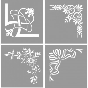 Set of 4 Stencils 29x29cm Corner, Damask Flower Ribbon Flower