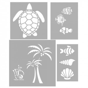 Set of 4 Turtle Fish Shell Palm Trees Steamboat Stencils, different sizes