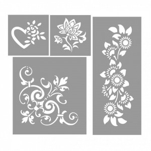 Set of 4 Damask Heart Corner Flower Stencils, 29x12cm, 19x19cm and 2pcs of 10x10cm
