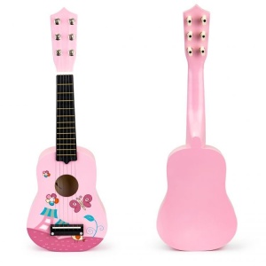 Drvena gitara za decu sa metalnim žicama pink - Img 1