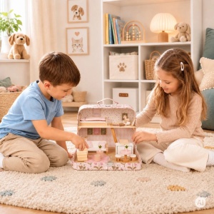 Dvospratna kućica za lutke u koferu, sa drvenim nameštajem i 20 dodataka – ECOTOYS - Img 9