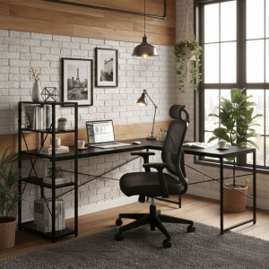 Ugaoni radni sto sa policama – Black LOFT ModernHome - Img 3