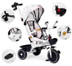 Tricikl za decu sa rotirajućim sedištem, gurajućim rukohvatom i tendom white, ECOTOYS - Img 8