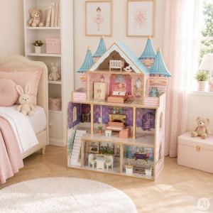 Drvena četvorospratna kućica za lutke Bella Castle, sa 15 komada nameštaja – ECOTOYS - Img 2