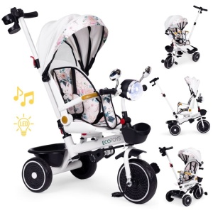 Tricikl za decu sa rotirajućim sedištem, gurajućim rukohvatom i tendom white, ECOTOYS - Img 1