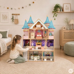 Drvena četvorospratna kućica za lutke Bella Castle, sa 15 komada nameštaja – ECOTOYS - Img 3