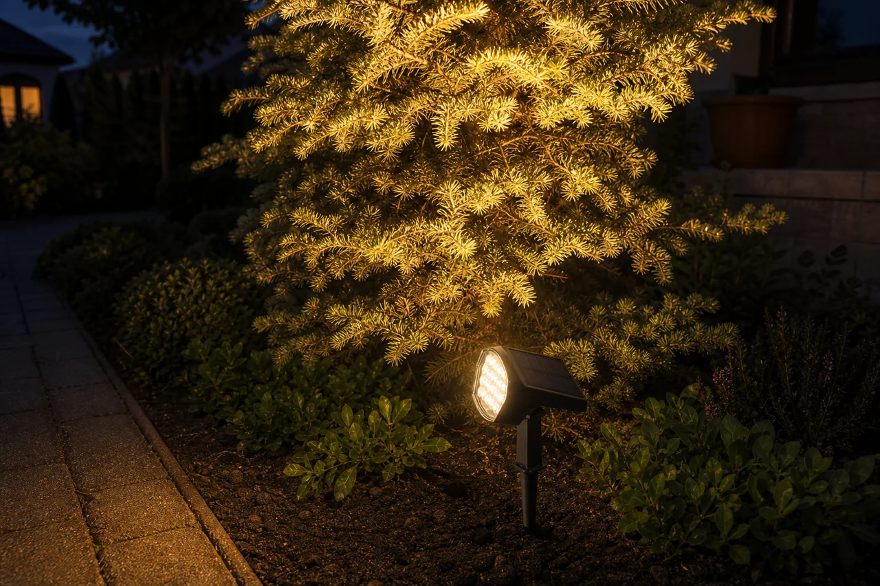 Ubodna solarna baštenska lampa usmerena nagore osvetljava krošnju jelke toplom svetlošću noću