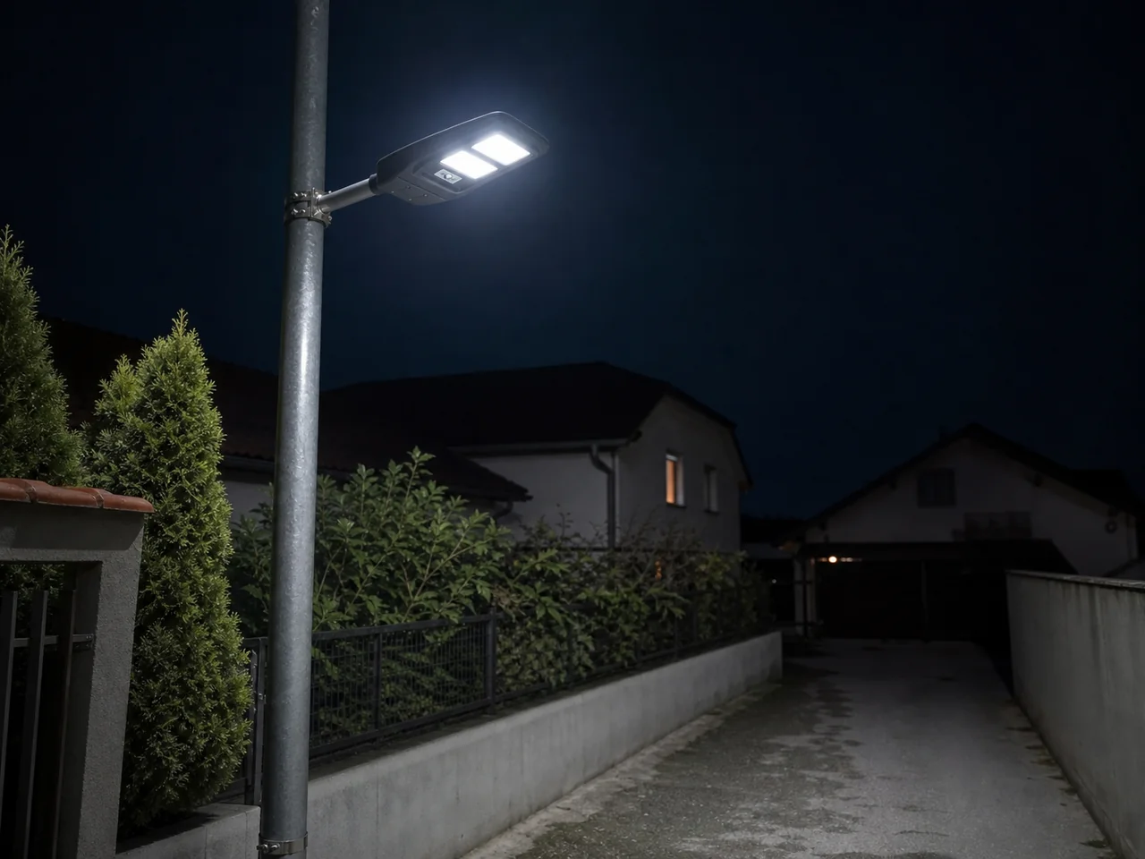 Solarna lampa montirana visoko na stubu osvetljava prilaz noću