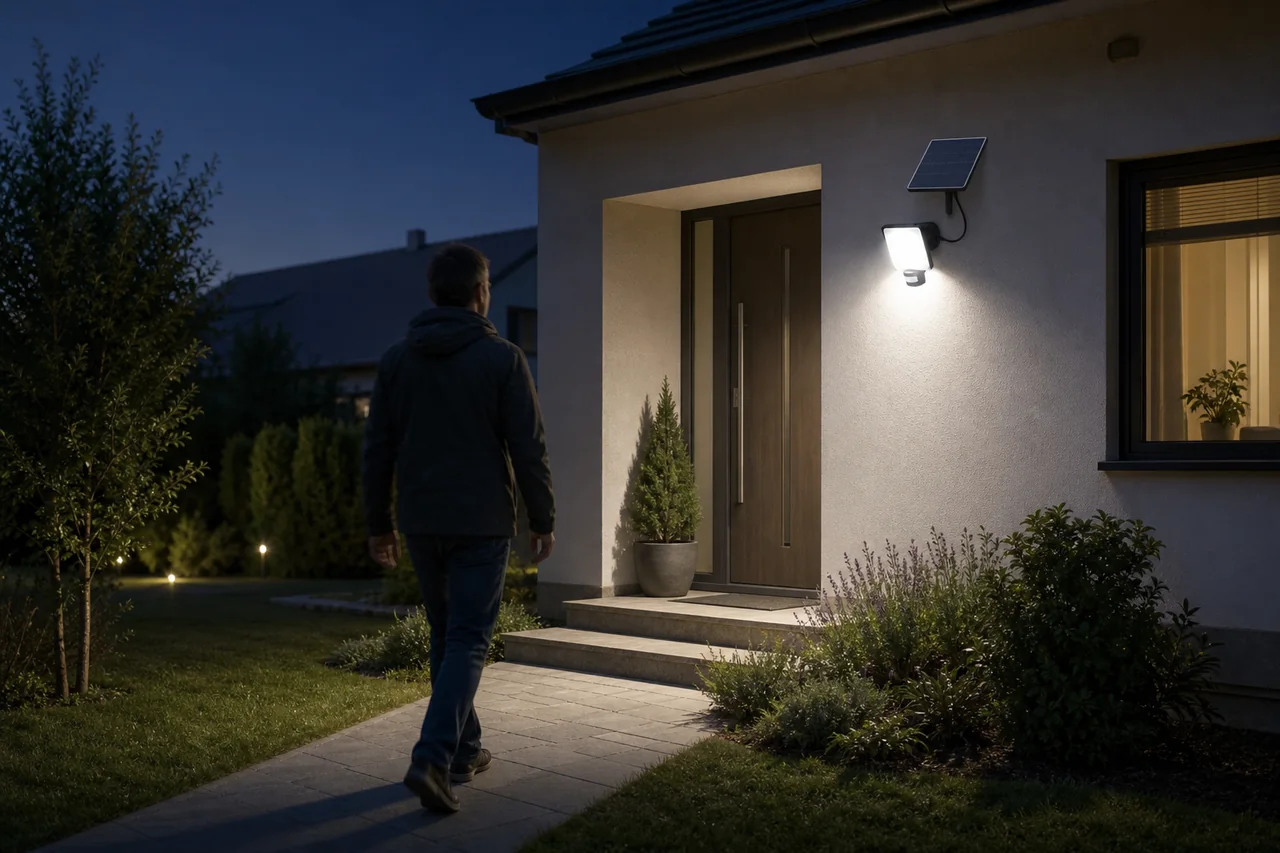 Solarna zidna lampa sa senzorom uključena iznad ulaza noću